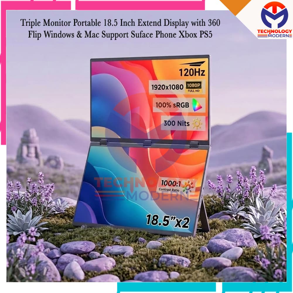 Triple Monitor Portable 18.5 Inch 120Hz Extend Display with 360º Flip Windows & Mac Support Surface Phone Xbox PS5 3