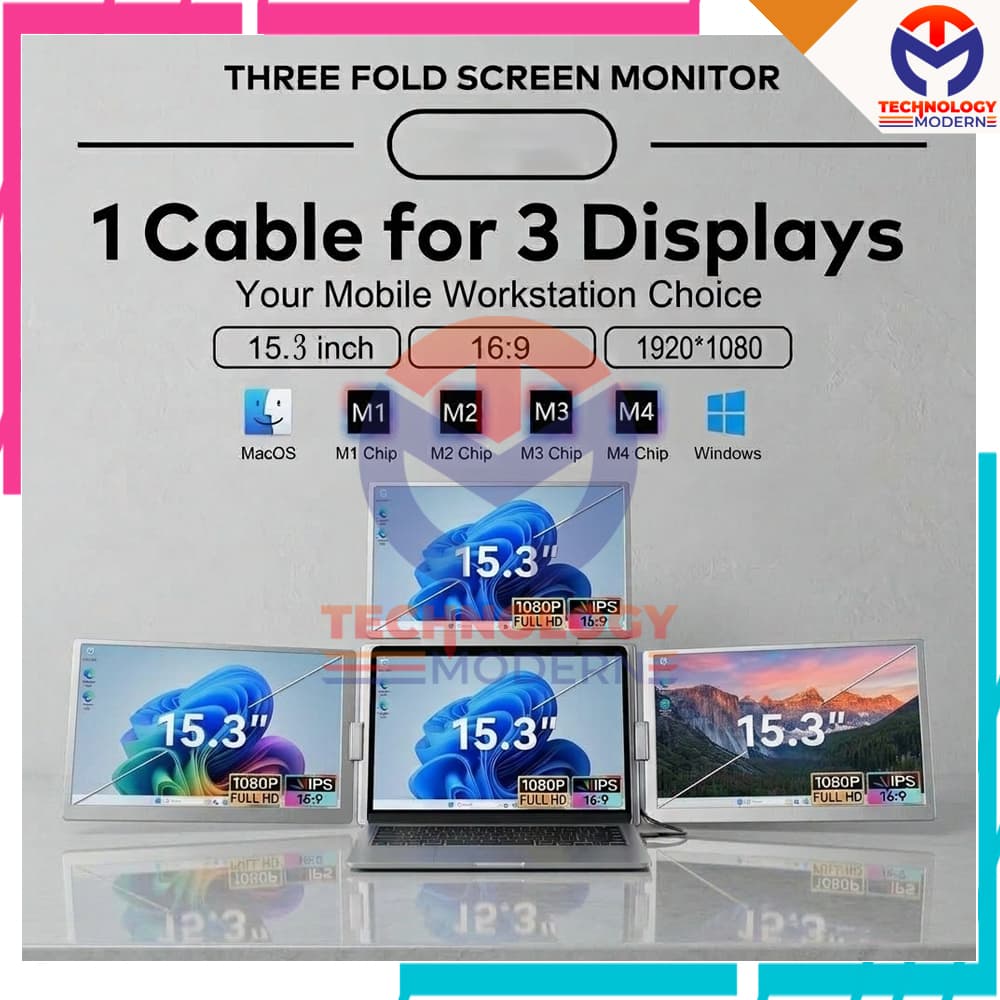 Portable Triple Monitor 15.3 Inch Extend 4 Display Support Windows & Mac (M1 M2 M3 M4) with One Cable 3
