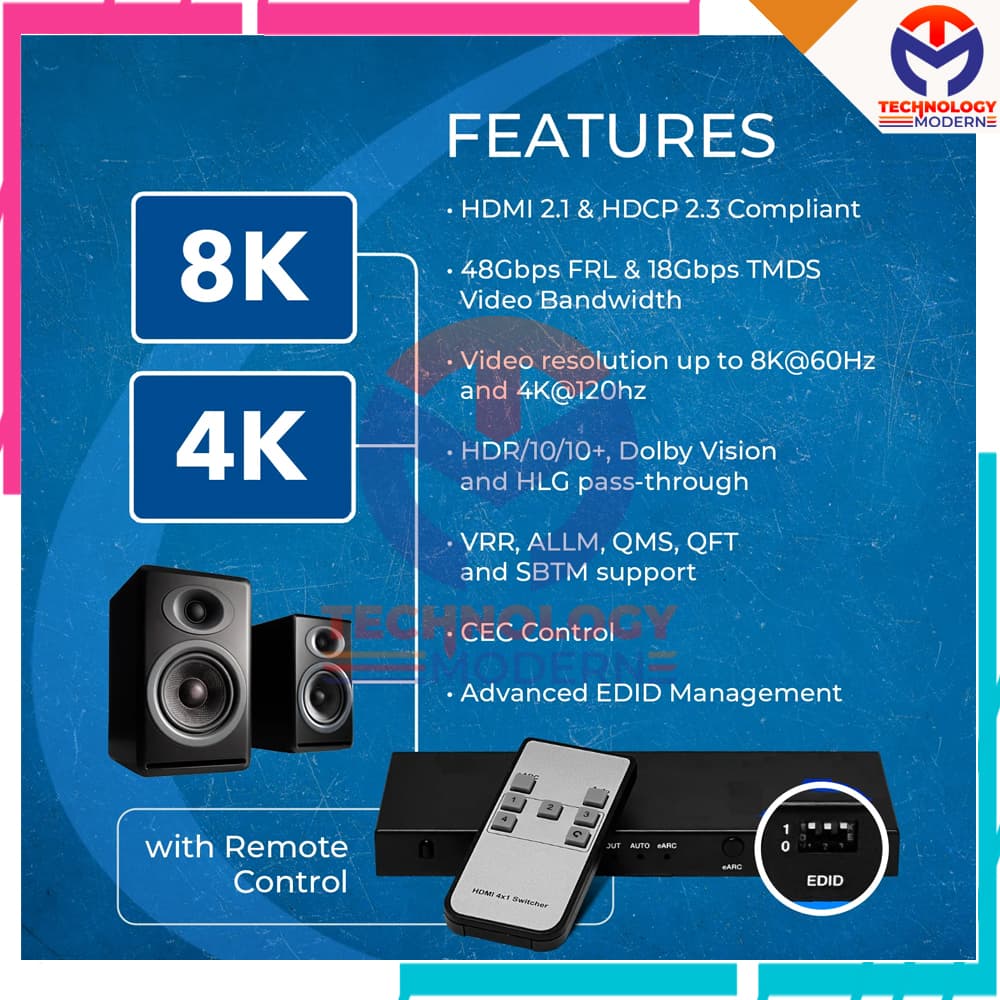 8K HDMI Switch 4x1 with ARC/eARC Audio Extractor Support PS5 Blu Ray Dolby Atmos with 8K60hz & 4K120hz 4
