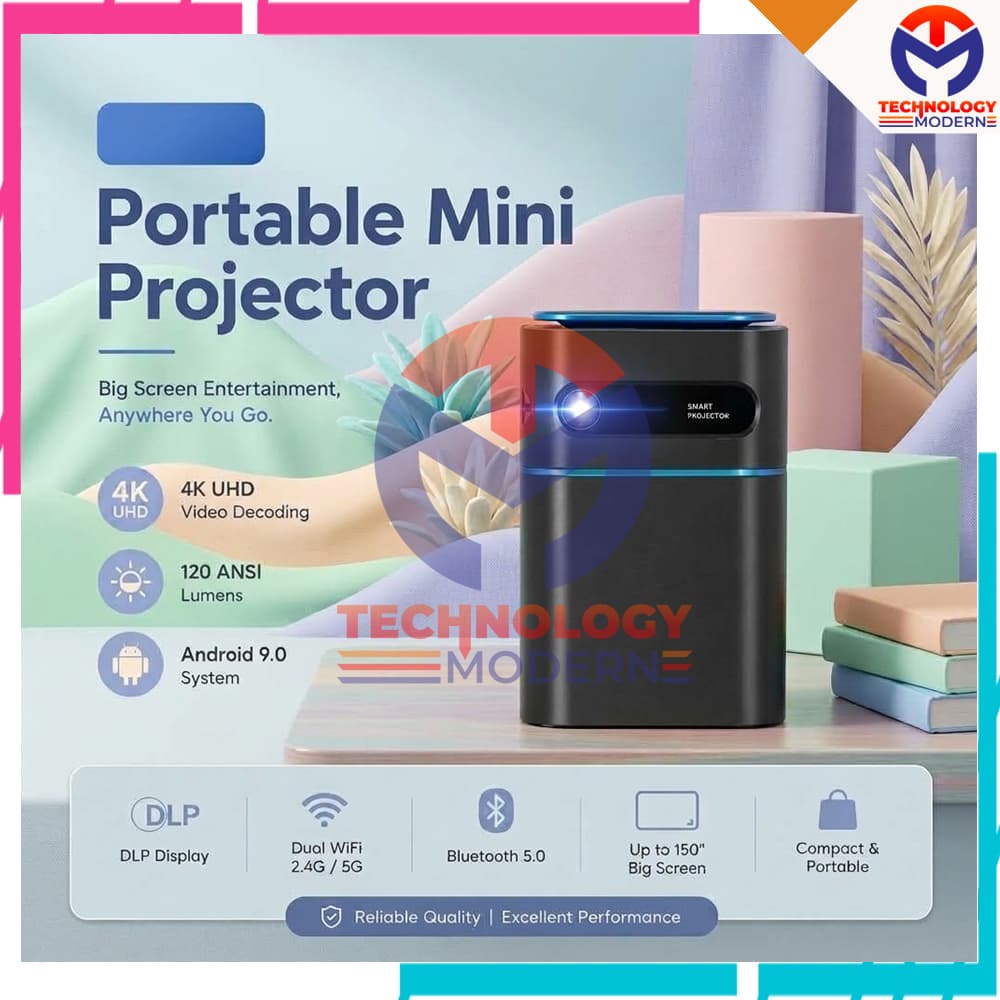 Mini Portable Proyektor 2/16 GB with 120 Lumens Ansi Android 9.0 & HDMI IN Support Bluetooth 5.0 & Wifi 2.4G/5G