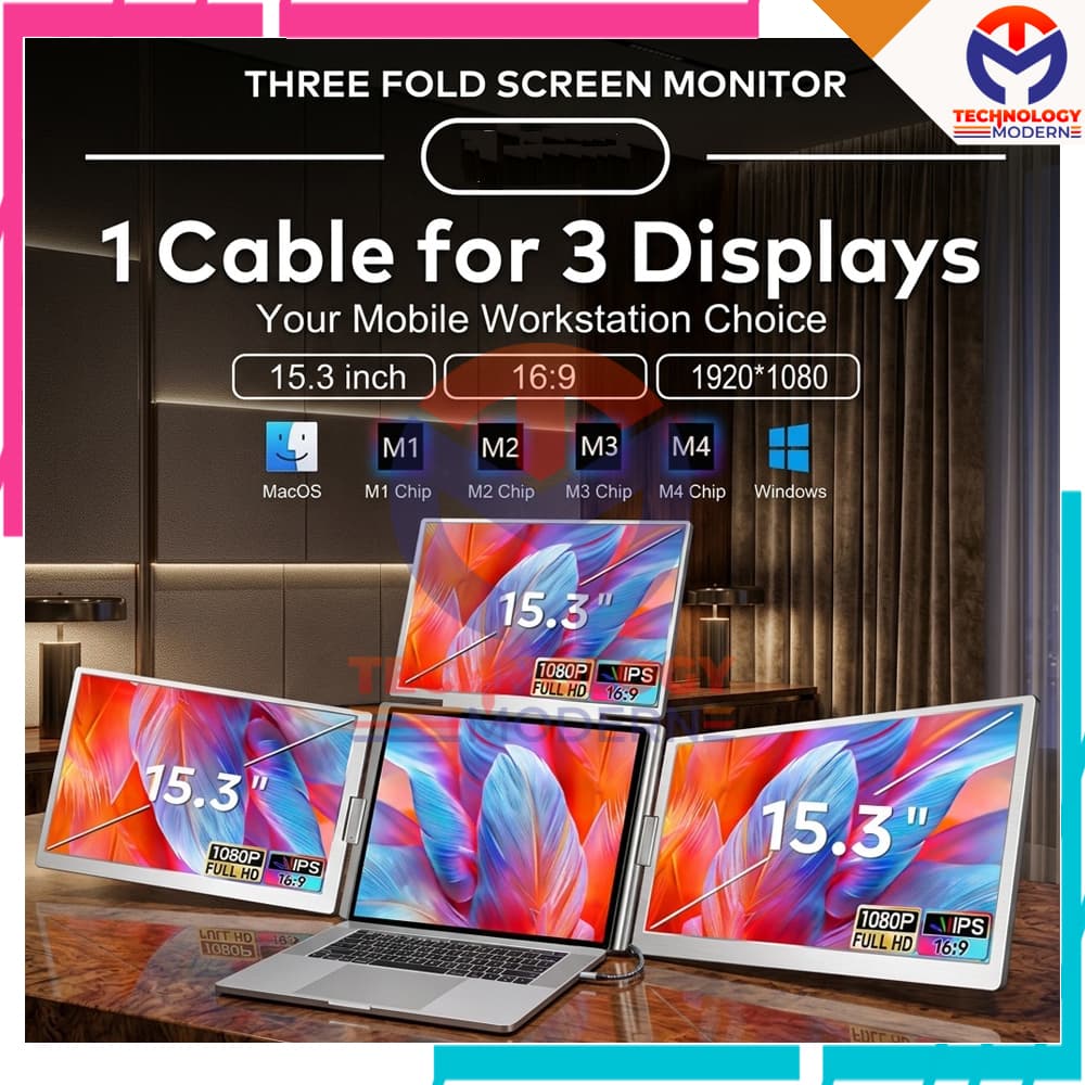 Portable Triple Monitor 15.3 Inch Extend 4 Display Support Windows & Mac (M1 M2 M3 M4) with One Cable