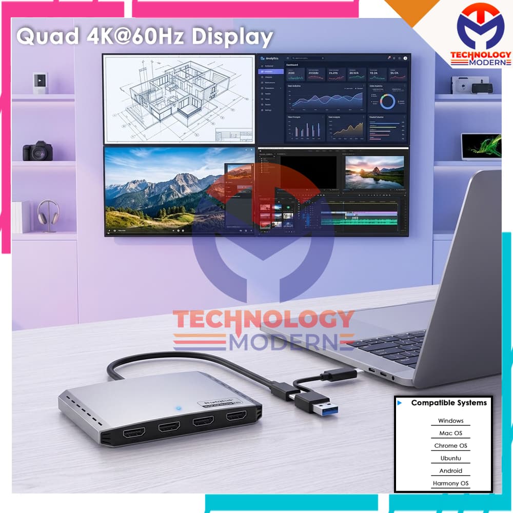 4K60 Quad HDMI Multiple 4 Monitor Display (Tampil Beda-Beda) Support Windows Mac Ubuntu Chrome Harmony OS 2