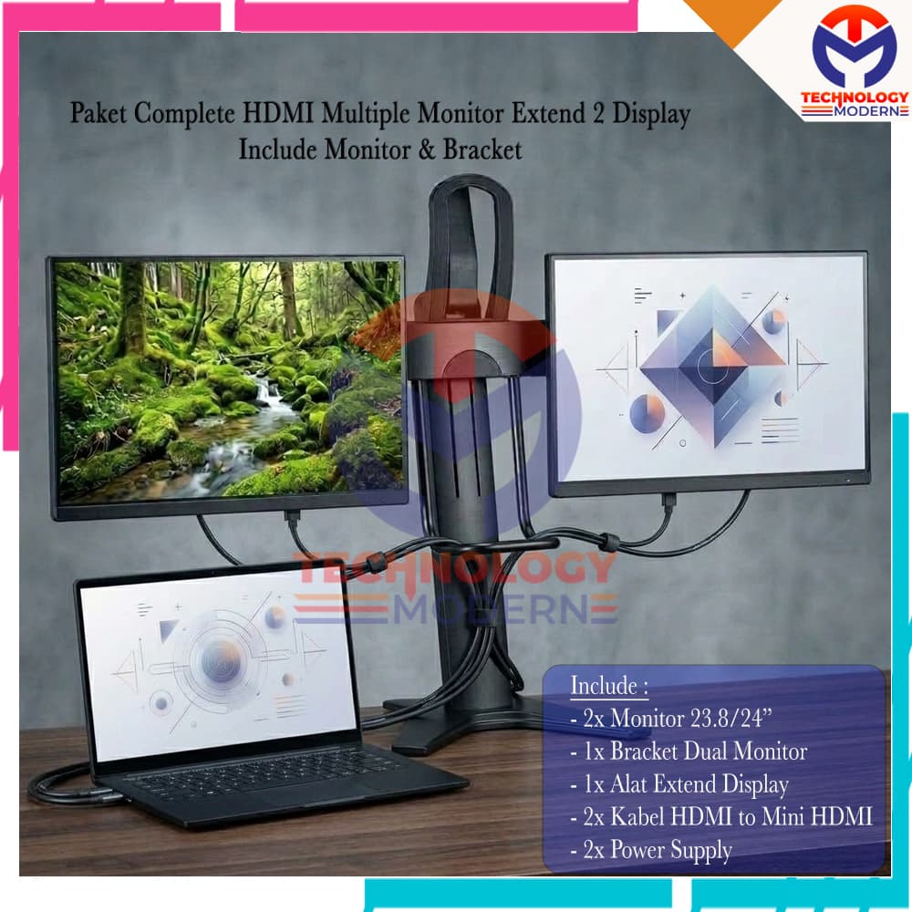 HOT PROMO.!! Paket Multiple Dual Monitor Extend Display 23.8 Inch/24 Inch (Tampil Beda-Beda) Include Bracket & Monitor