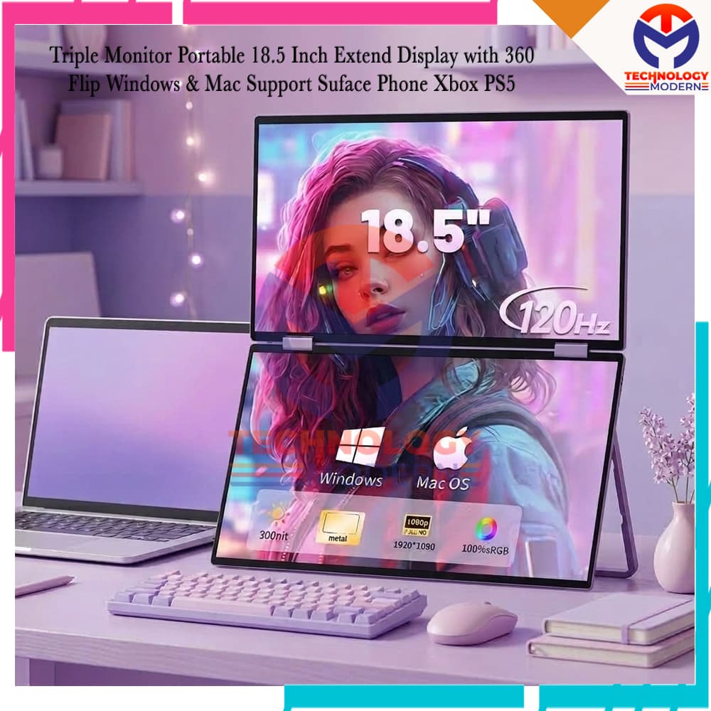 Triple Monitor Portable 18.5 Inch 120Hz Extend Display with 360º Flip Windows & Mac Support Surface Phone Xbox PS5