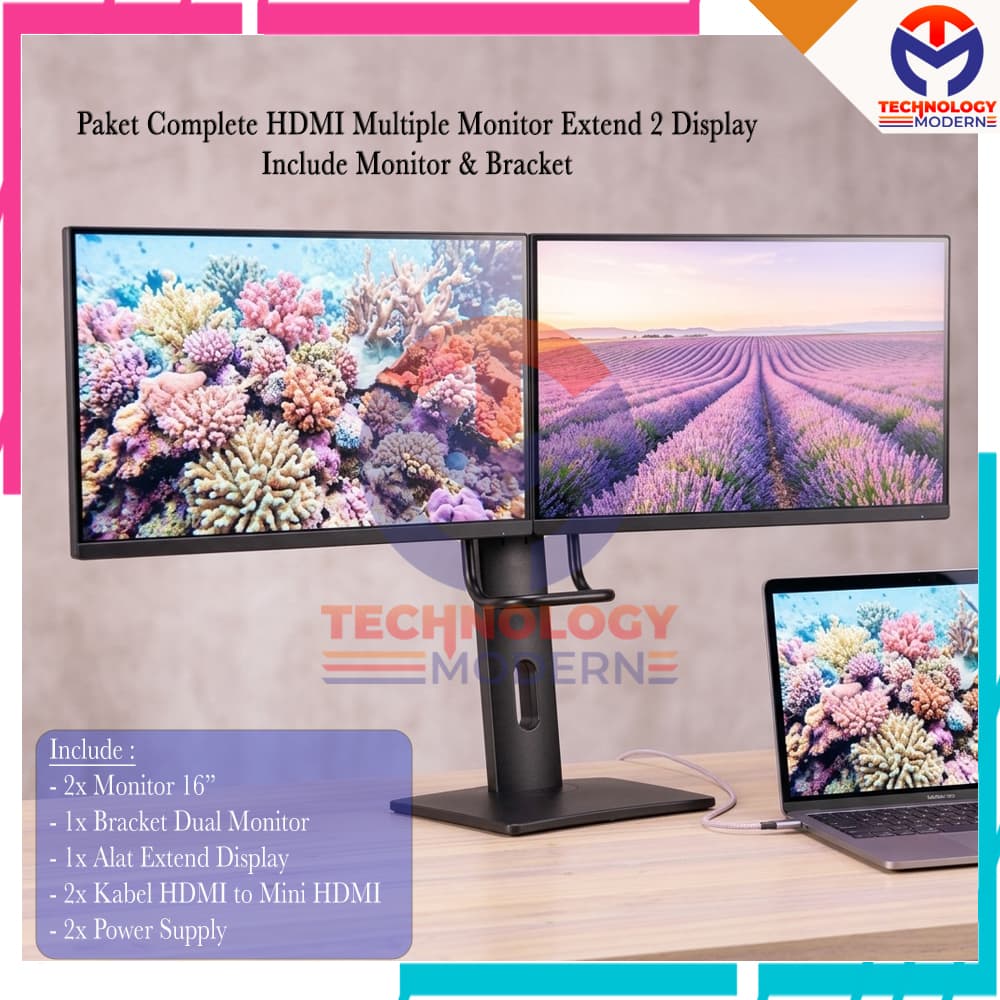 HOT PROMO.!! Paket HDMI Multiple Monitor 16 Inch Extend 2 Display (Tampil Beda Beda) Support Windows & Mac