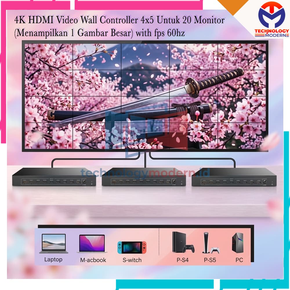 4K HDMI Video Wall Controller 4x5 Untuk 20 Monitor (Menampilkan 1 Gambar Besar) Support Audio & fps 60Hz