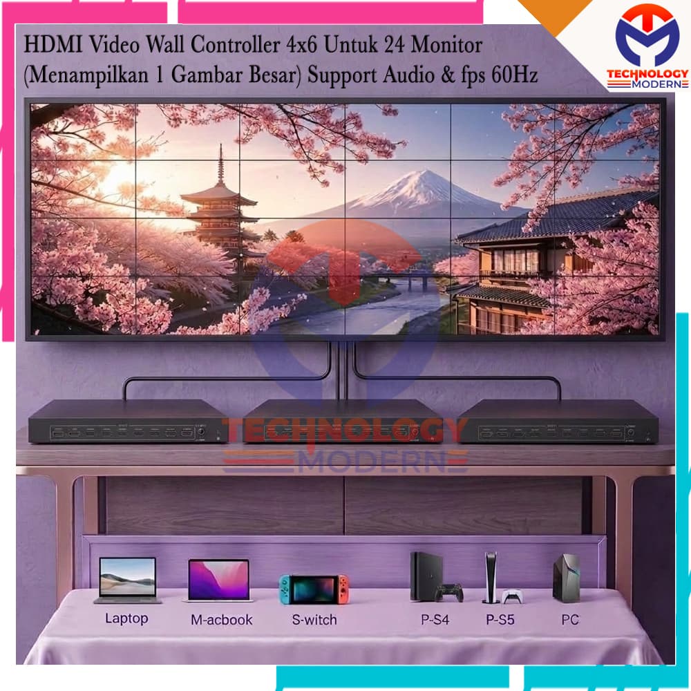 HDMI Video Wall Controller 4x6 Untuk 24 Monitor (Menampilkan 1 Gambar Besar) Support Audio & fps 60Hz