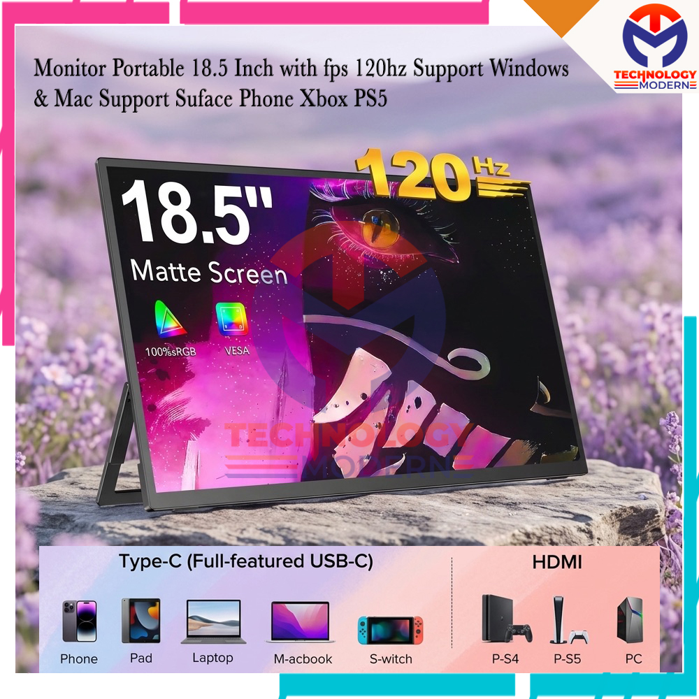 Monitor Portable 18.5 Inch 120hz Full HD Support Mac Windows PS5 Xbox with Type C & HDMI Input