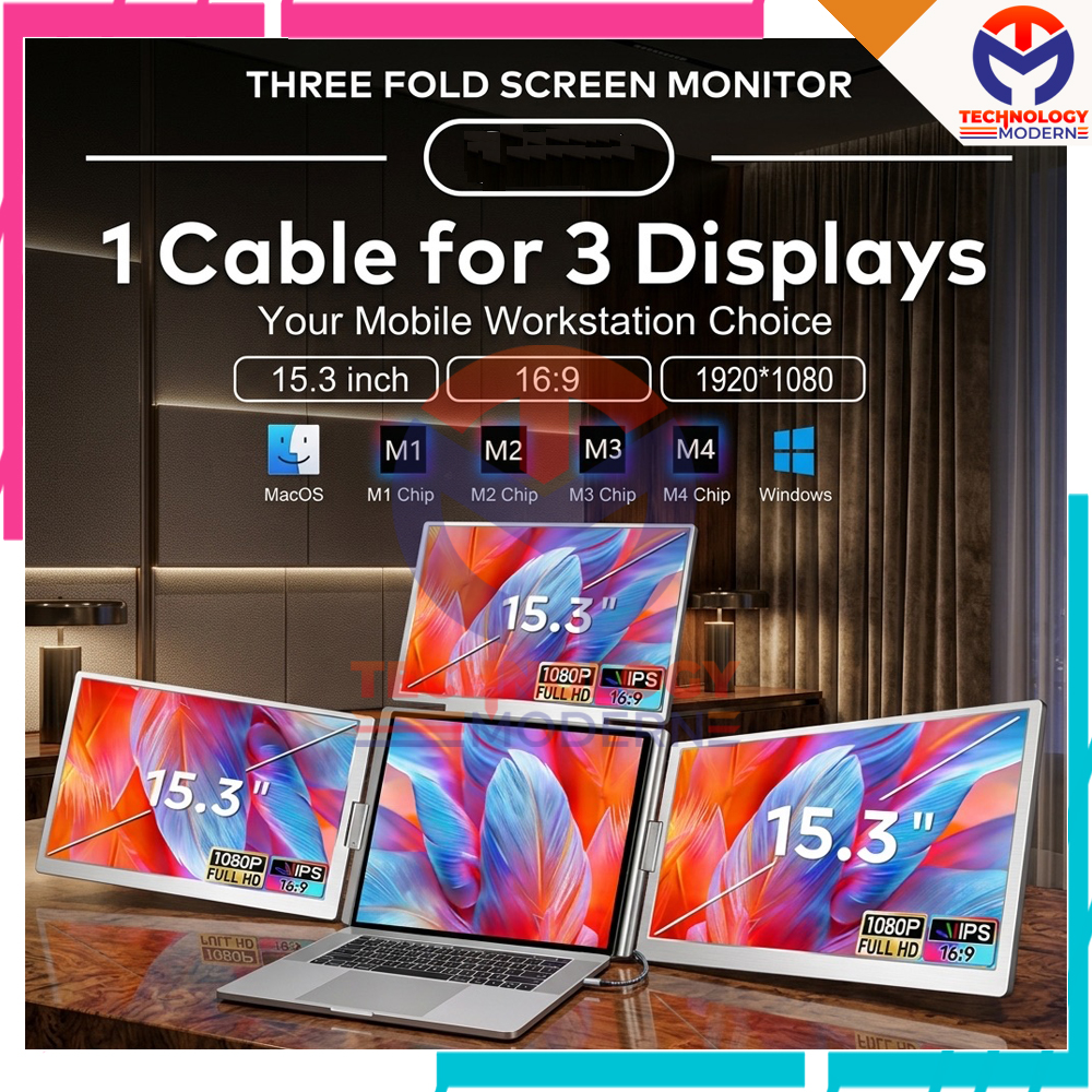 Portable Triple Monitor 15.3 Inch Extend 4 Display Support Windows & Mac (M1 M2 M3 M4) with One Cable