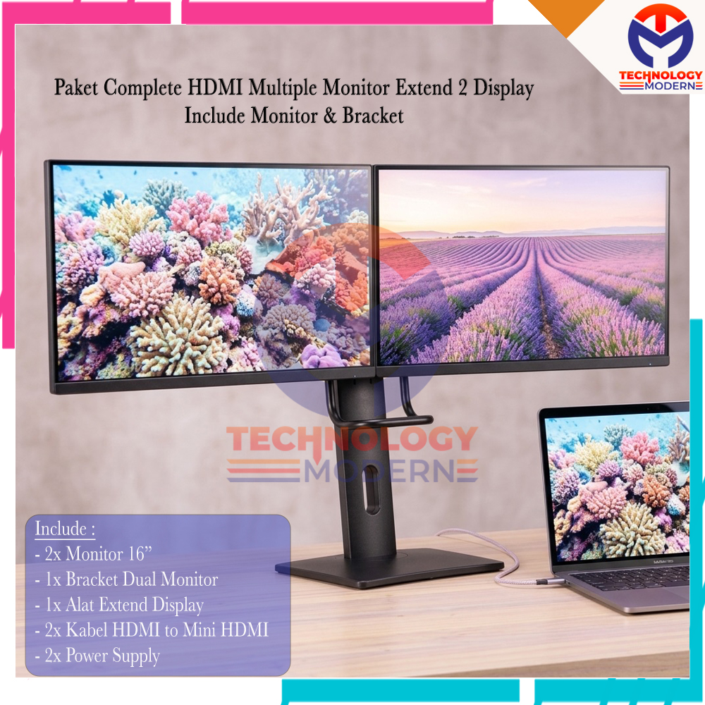 HOT PROMO.!! Paket HDMI Multiple Monitor 16 Inch Extend 2 Display (Tampil Beda Beda) Support Windows & Mac
